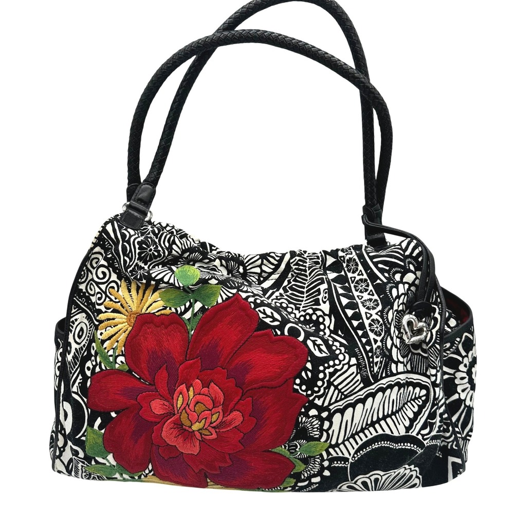 Vintage Y2K Brighton Embroidered Floral Poppy Canvas Shoulder Bag Black White